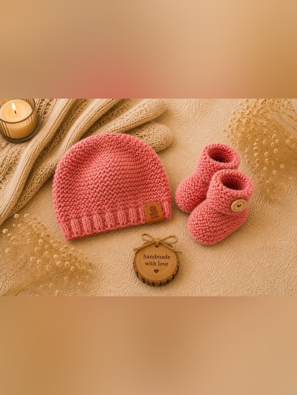 Handmade Pink Knit Baby Hat and Booties Set